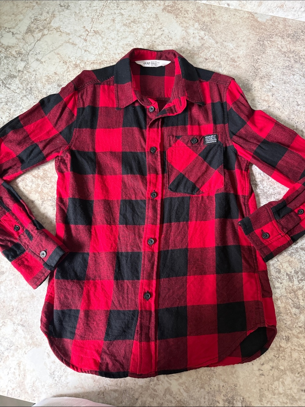 H&M Red and Black Plaid Casual Button-Down Shirt, Size 8